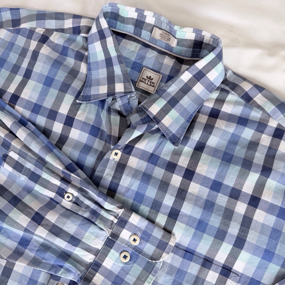 Peter Millar Crown Men Large L Cotton Plaid Button Down Sport Shirt Blue Mint